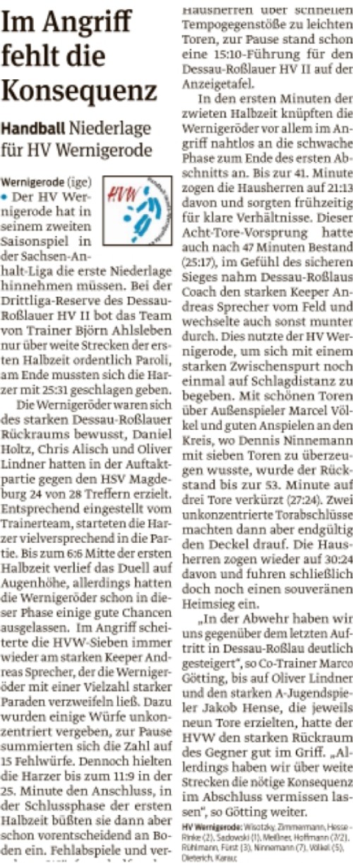 Volksstimme Bericht zum Spiel der 1. Mannschaft in Dessau-Roßlau